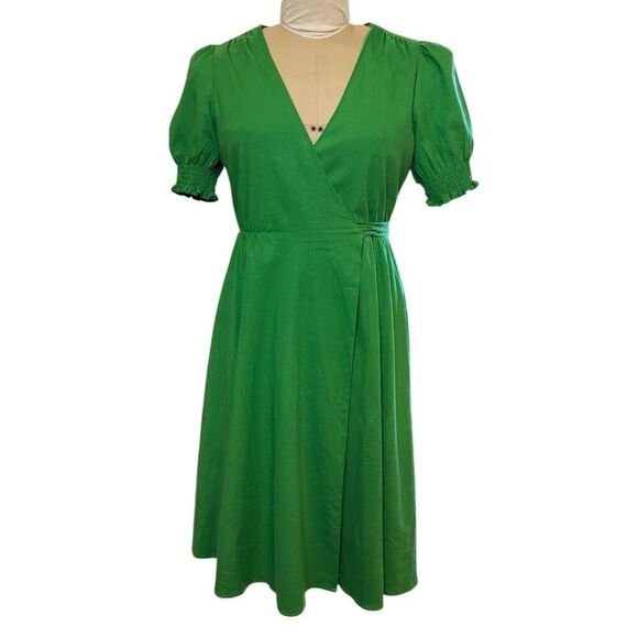 Alex Marie Womens 6 Kelly Green Midi Wrap Dress Short Puff Sleeves Linen Blend - Picture 1 of 10